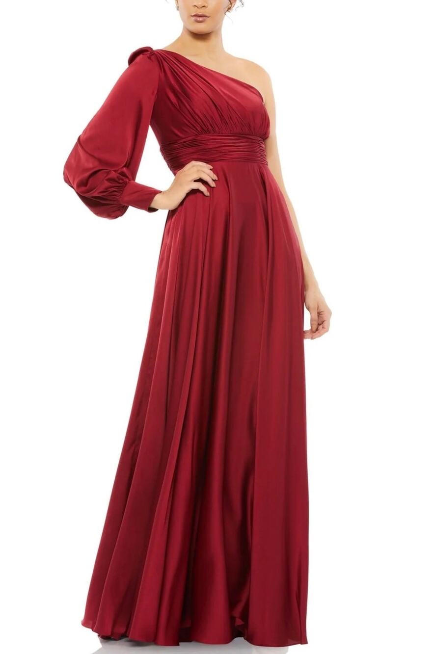 Mac Duggal 67866 Red Evening Gown Satin One Shoulder Long Sleeve Dress Size 4